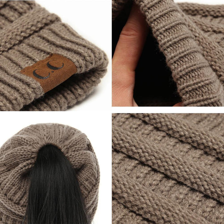 Women's Casual Knit Ponytail Hat with a messy bun, highlighting its practical design