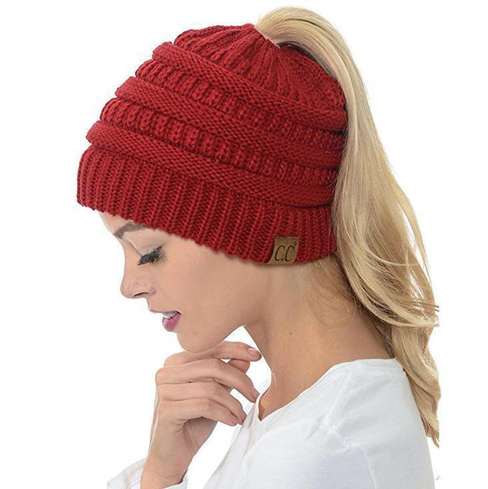 Detailed shot of the elastic opening on a Women's Ponytail Beanie Hat, for comfortable fit