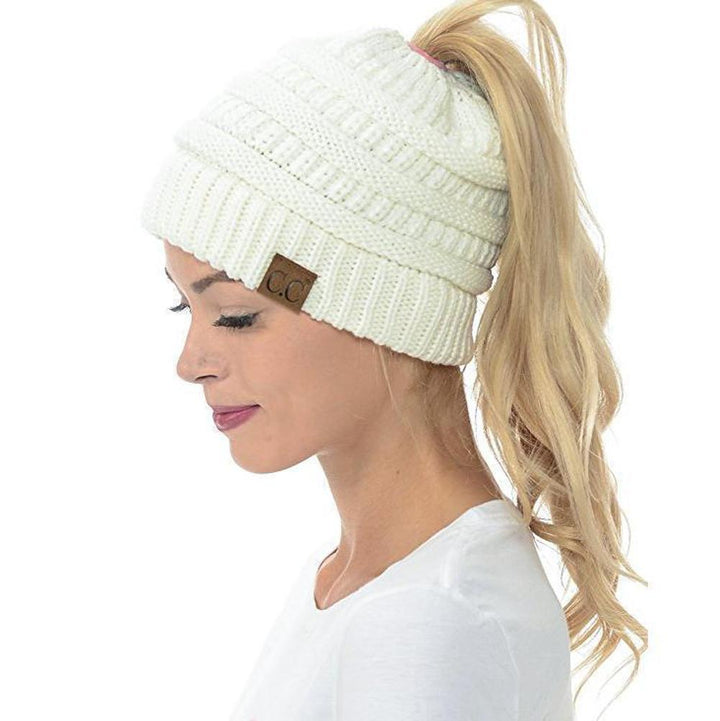 Women's Acrylic Knit Winter Hat with an opening for ponytails, suitable for outdoor activities