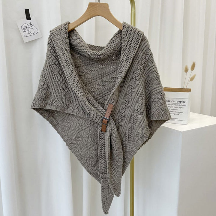 Fashionable women's knitted triangle wrap, green, styled with winter outfit