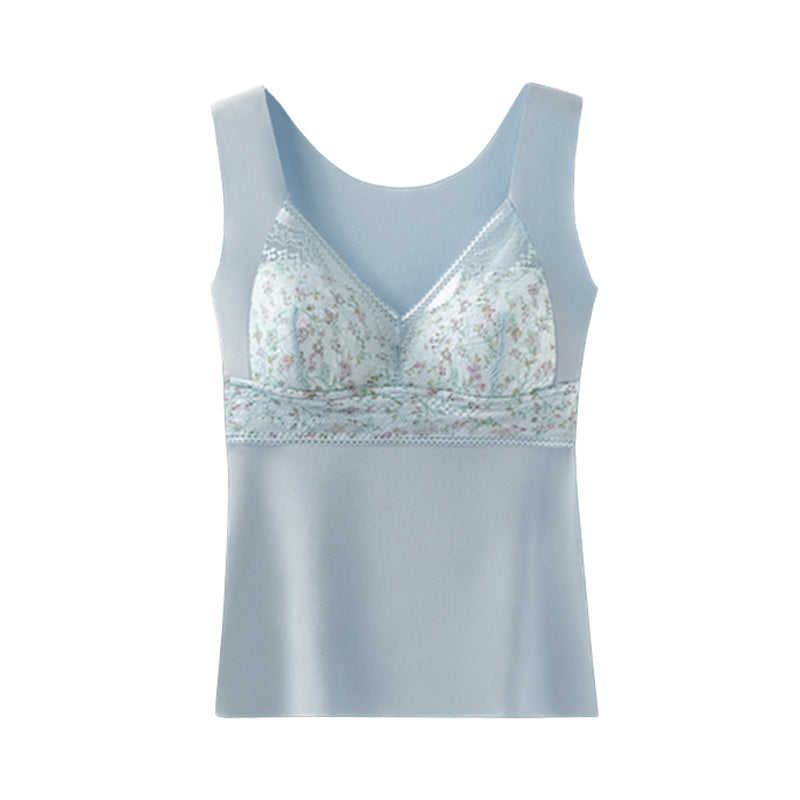 Folded women's thermal top with built-in bra and lace neckline detail