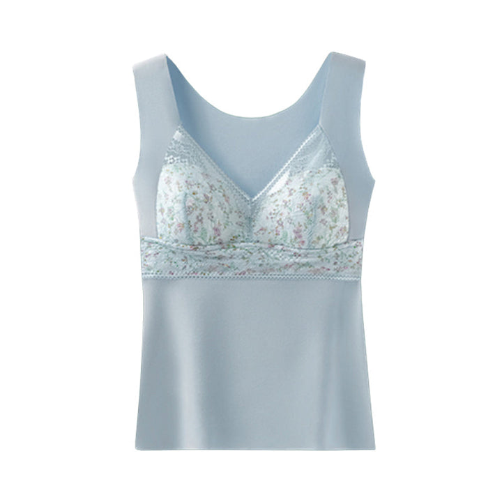 Folded women's thermal top with built-in bra and lace neckline detail
