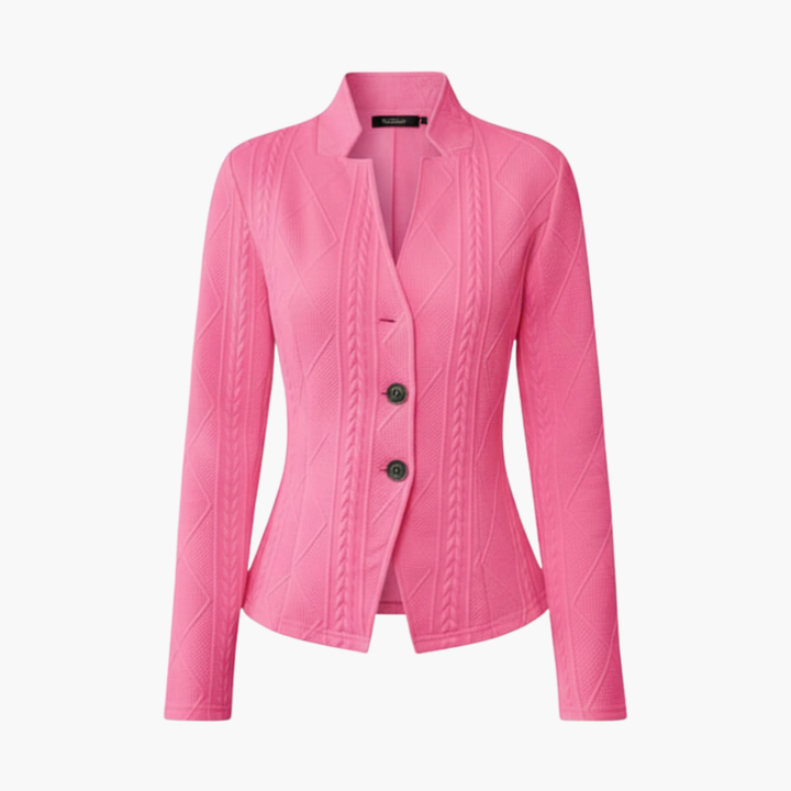 Women's lapel collar blazer with a single button closure, perfect for professional wear or business casual outfits.