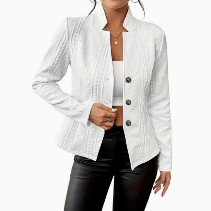 Chic women's blazer, elegant lapel collar, single button. Ideal for office attire, professional or smart casual fashion.