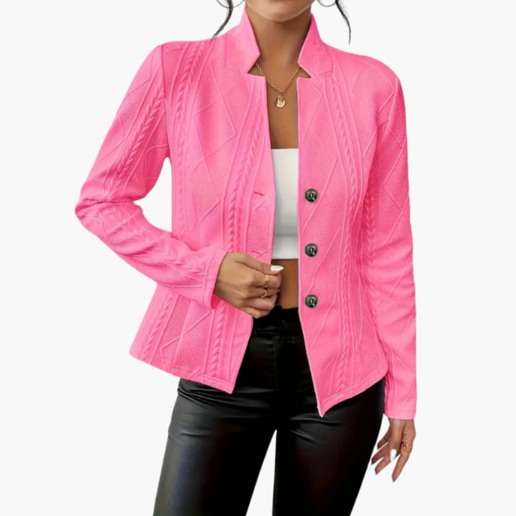 Long sleeve women's lapel blazer. A single button closure creates a sleek, professional look for office or business casual.