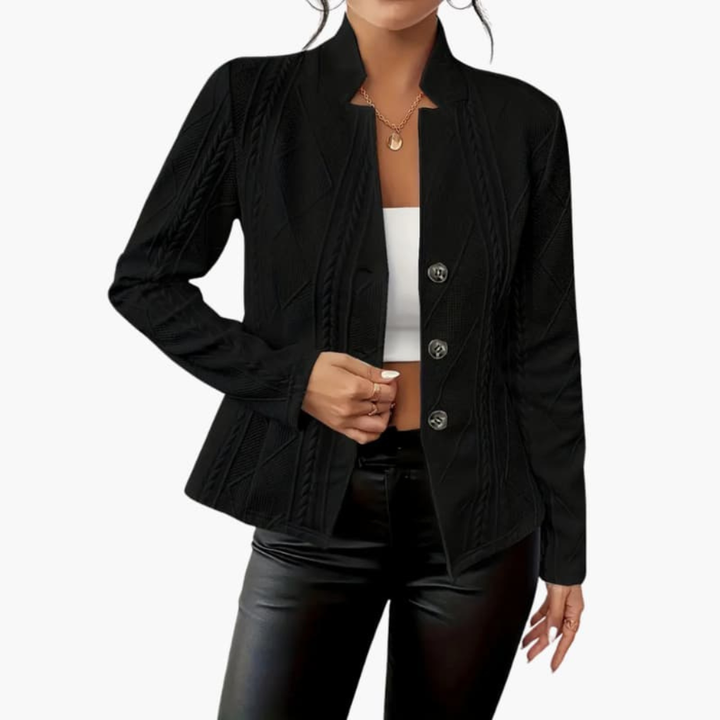 Versatile women's lapel blazer, single button. Perfect chic outerwear for professional, business casual, or elegant styling.