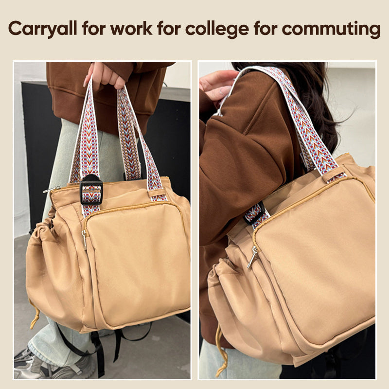 Back view of women's black nylon backpack, convertible straps feature