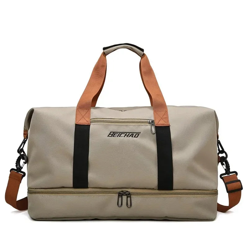 Women's large fitness travel bag with wet-dry separation & shoe compartment, ideal for gym or weekend.