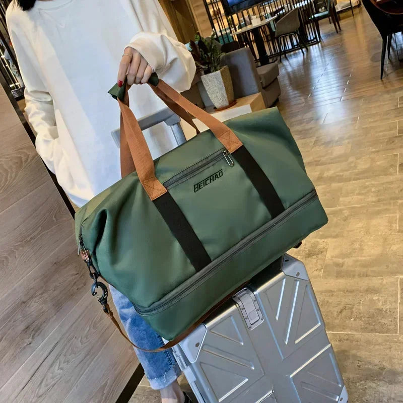 Stylish women's large travel gym bag, durable, with separate wet/dry & shoe compartments for organized trips.