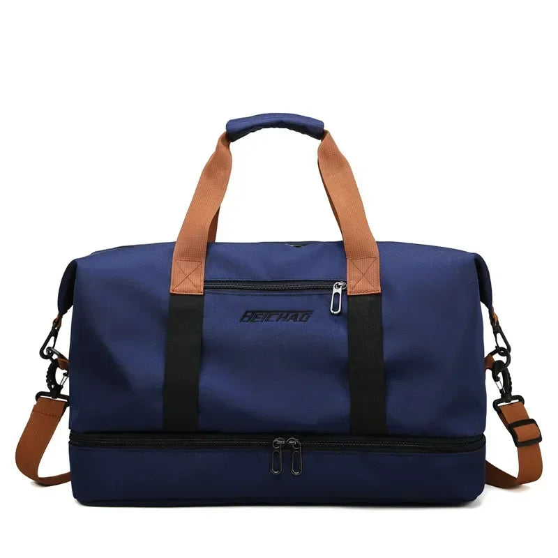 Organized women's large travel bag, features wet-dry separation & a dedicated shoe compartment for active women.