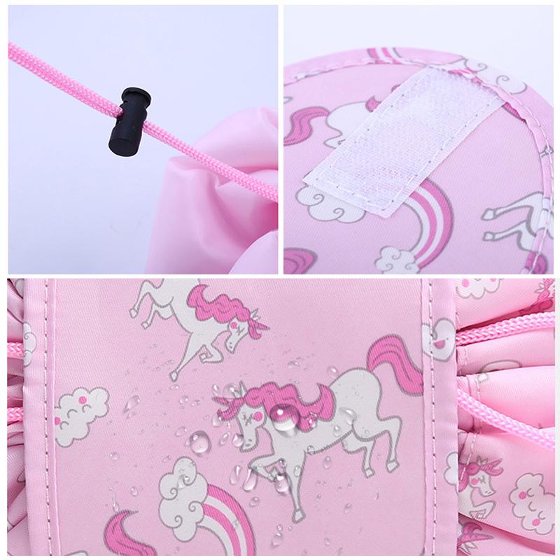 Close-up of the drawstring mechanism on a women's cosmetic pouch, highlighting portable and secure closure.