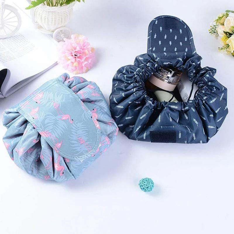 Waterproof oxford cloth makeup bag for women, folded into a compact pouch, ready for travel.