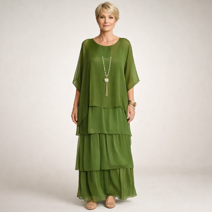 Women's layered maxi dress, flowy bohemian A-line gown. Perfect elegant summer vacation & party dress.
