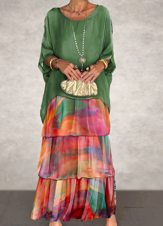 Beautiful women's bohemian A-line maxi dress. Flowy, elegant, tiered, and perfect for summer parties.