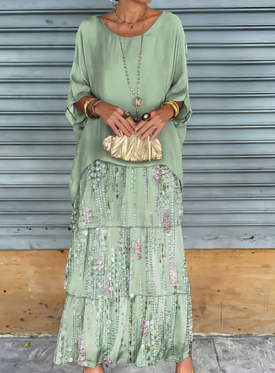 Elegant women's flowy maxi dress, A-line bohemian gown. Stunning long tiered dress for summer evenings & vacations.