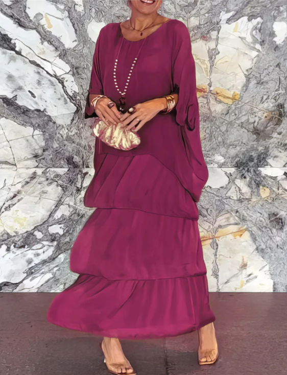 Stunning women's layered maxi dress, A-line bohemian gown. Elegant, flowy, and perfect for summer parties & vacations.