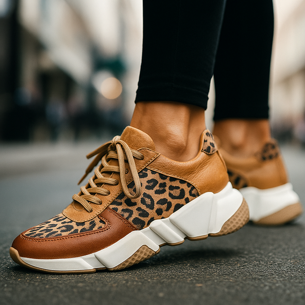 Women's leopard print comfort sneakers for everyday wear, featuring orthopedic support and a stylish design.