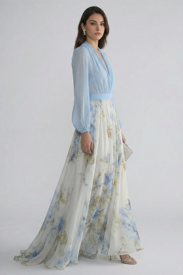 Women's flattering light blue maxi dress with elegant V-neckline and sheer sleeves for graceful style.