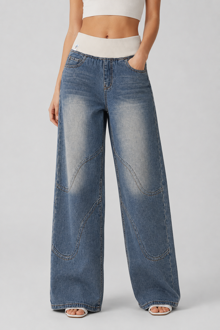 Relaxed fit women's wide leg denim jeans. High waist design offers comfort and versatile casual fashion.