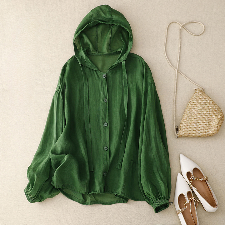 Relaxed fit women's lightweight hoodie with balloon sleeves, perfect for easy summer style and airy comfort.