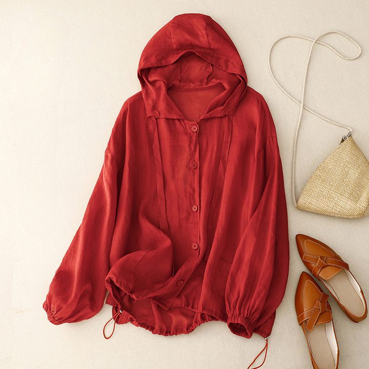 Women's button-front lightweight hoodie, offering an airy, relaxed fit for spring outfits and casual comfort.