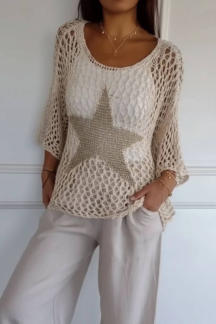 Boho style women's knit crochet crop top, ideal for festivals, summer casual wear, or layering.