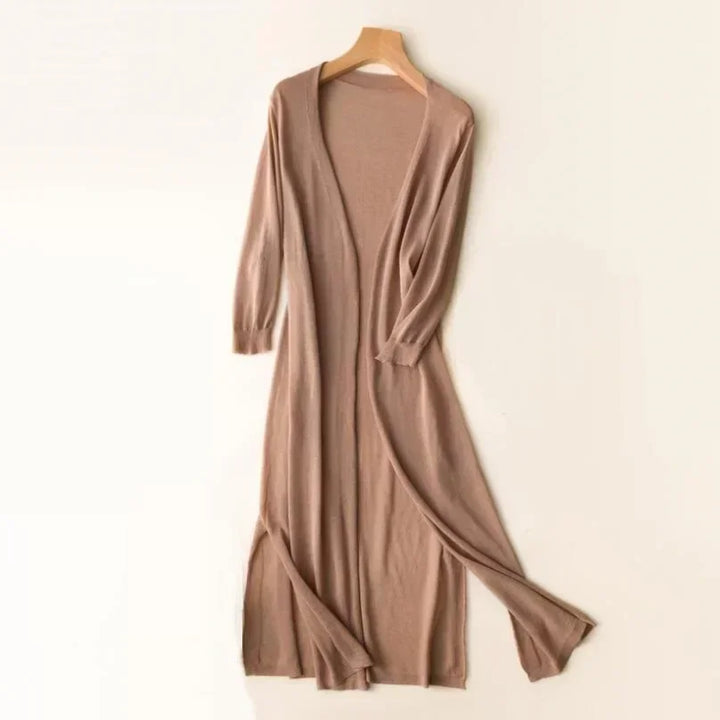 Women's lightweight long open front cardigan, 3/4 sleeves, side slits. Essential spring/summer layering.