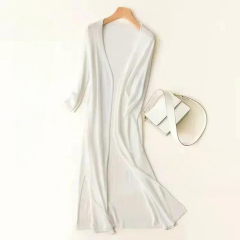 Chic women's long cardigan, lightweight and drapey, with stylish side slits for elegant layering.