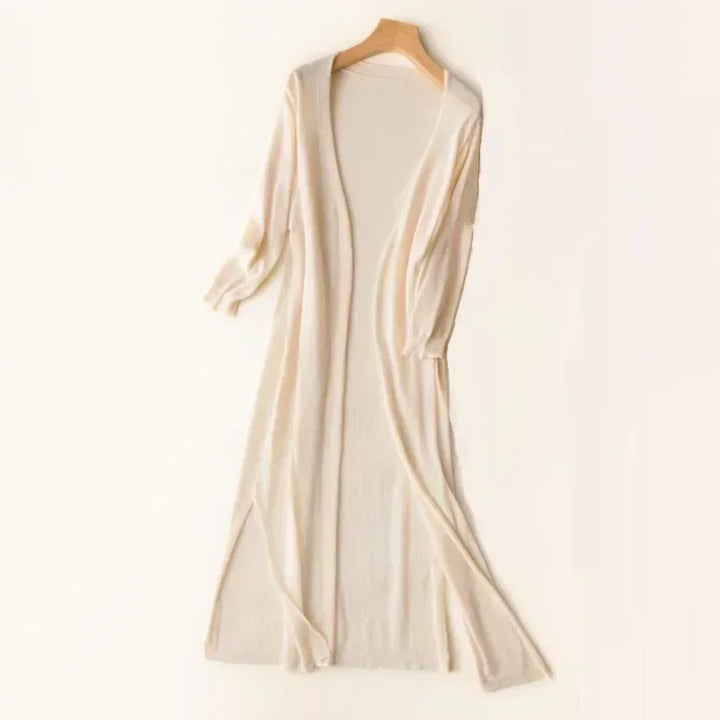 Comfortable women's lightweight long cardigan with side slits & open front, ideal for everyday style.