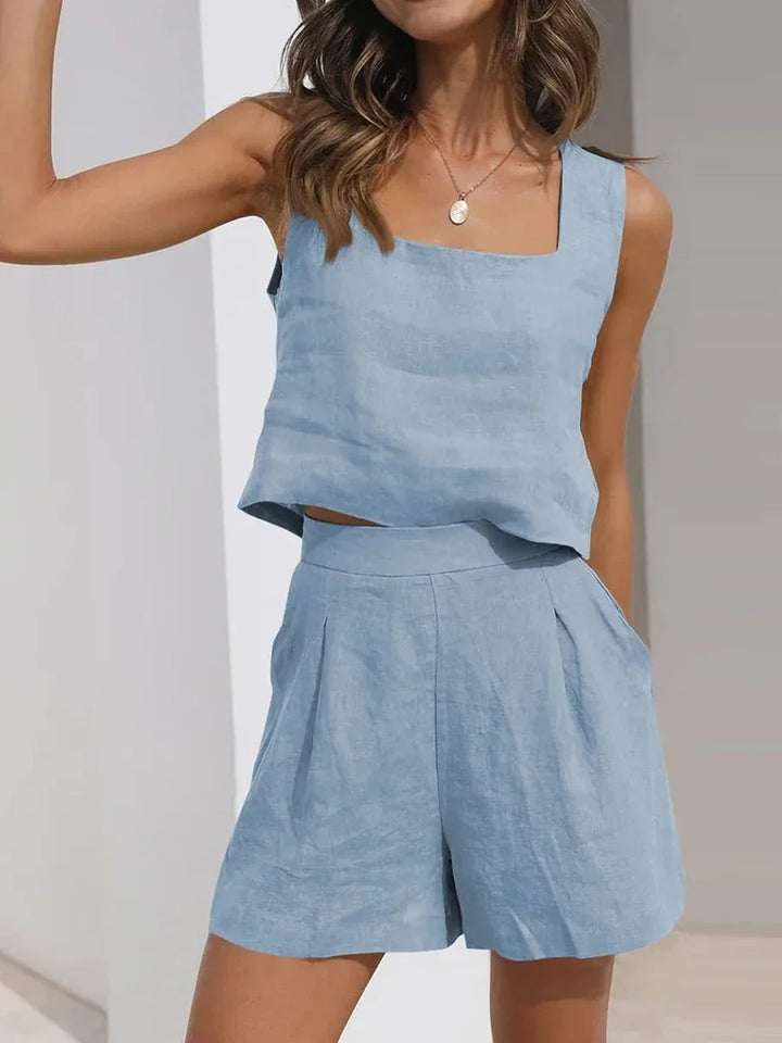 Soft lightweight women's matching crop top & shorts set, perfect for warm weather vacation outfits.