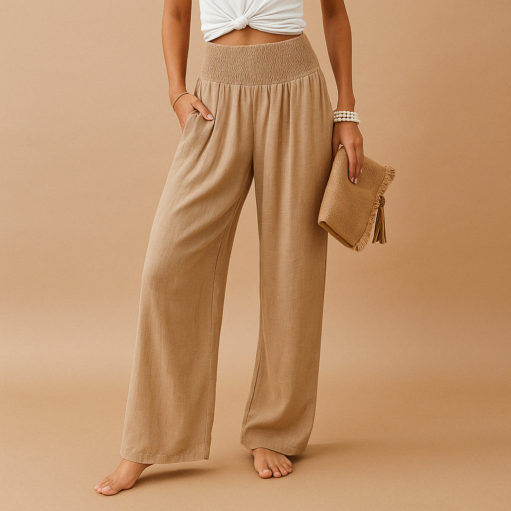 Women's lightweight summer trousers with an elastic waist, loose fit, and breathable fabric, perfect for casual everyday wear.