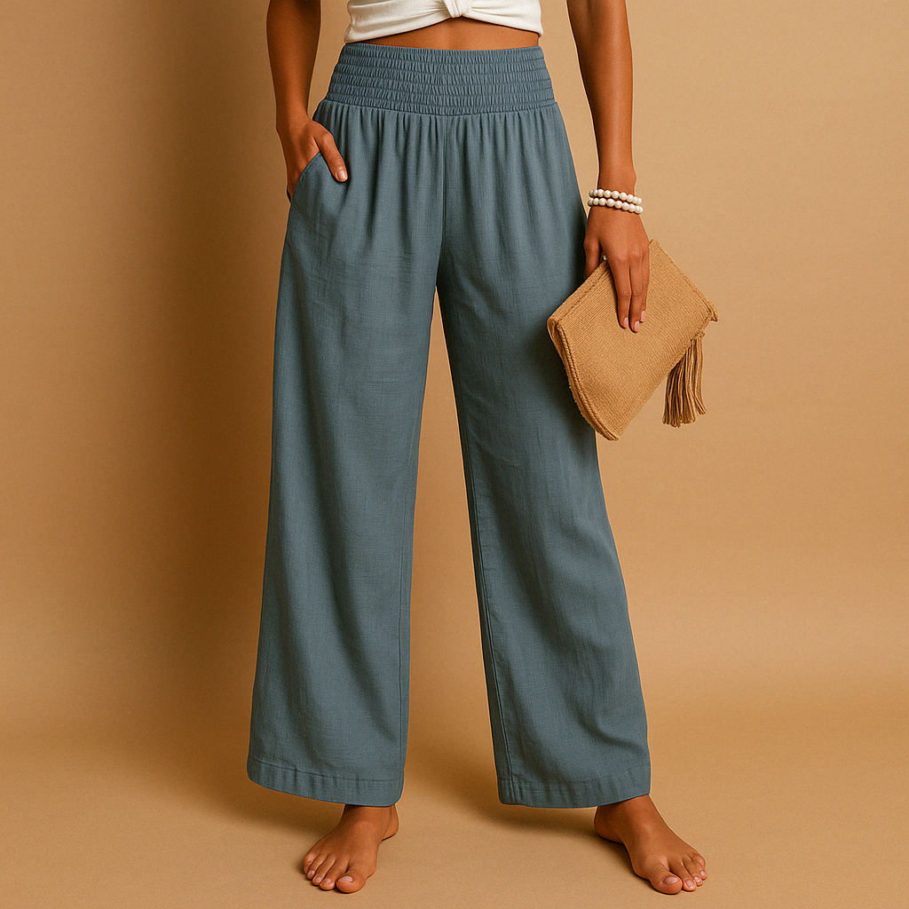 Women's casual lightweight summer trousers featuring an elastic waist & loose fit. Breathable & comfy for warm weather.