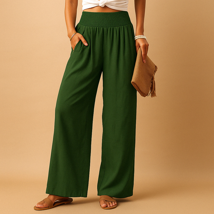 Casual women's lightweight summer trousers. Comfy, loose fit, and elastic waist pants for stylish everyday wear.