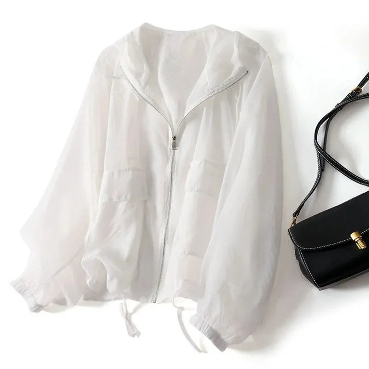 Women's lightweight sunscreen hoodie, provides UPF sun protection for summer comfort during travel & casual wear.