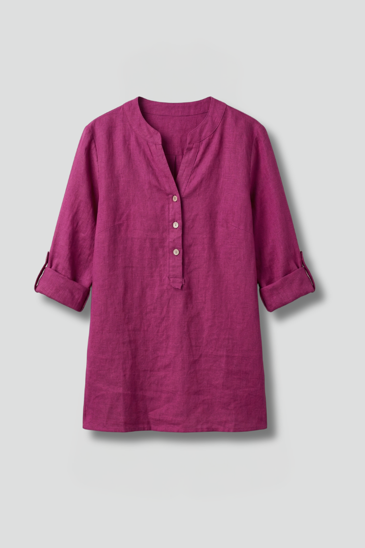 Women's linen blouse, button-up, roll sleeves, V-neck. Loose fit casual top for summer fashion & everyday wear.