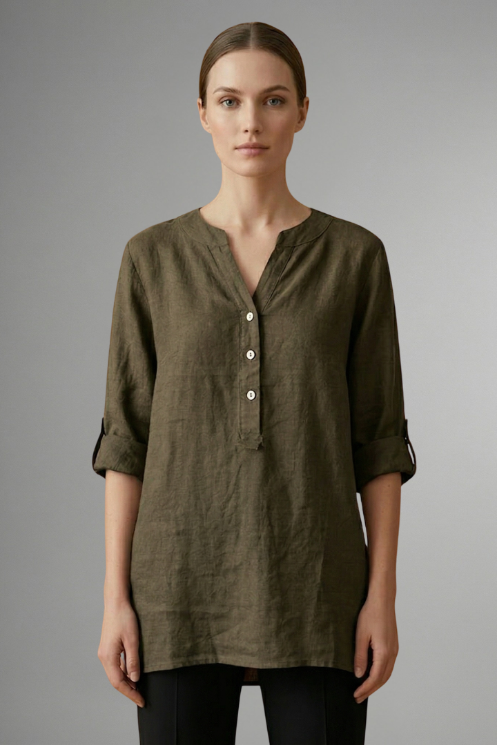 Women's linen blouse, button-up, roll sleeve, V-neck. Loose fit casual top, perfect for versatile summer everyday wear.