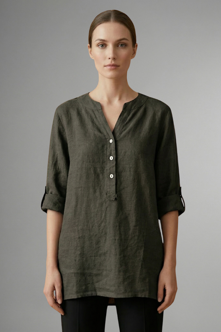 Lightweight linen women's blouse, V-neck, button-up, roll sleeves. Loose fit casual top, great for summer fashion.