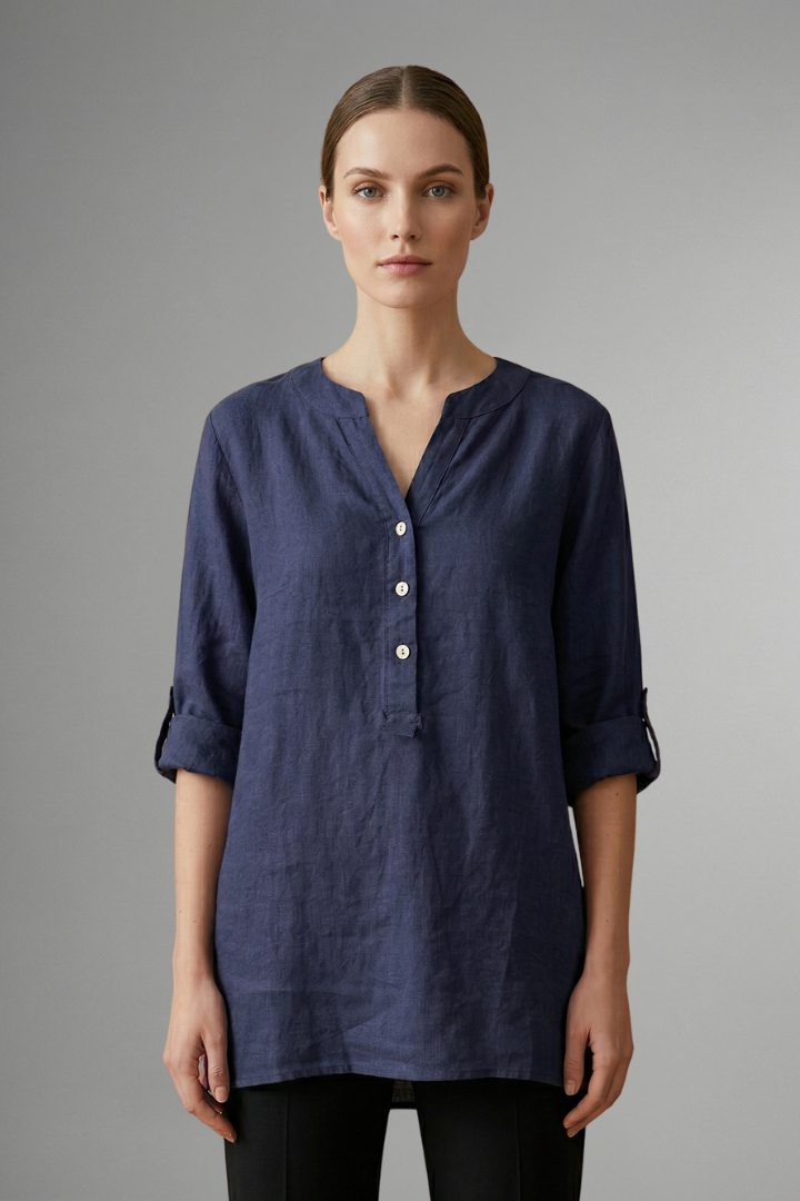 Women's button-up V-neck linen blouse with roll sleeves. Loose fit, versatile casual top for everyday summer fashion.