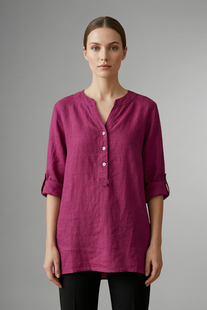 V-neck women's button-up linen blouse with stylish roll sleeves. Loose fit versatile long sleeve top for casual wear.