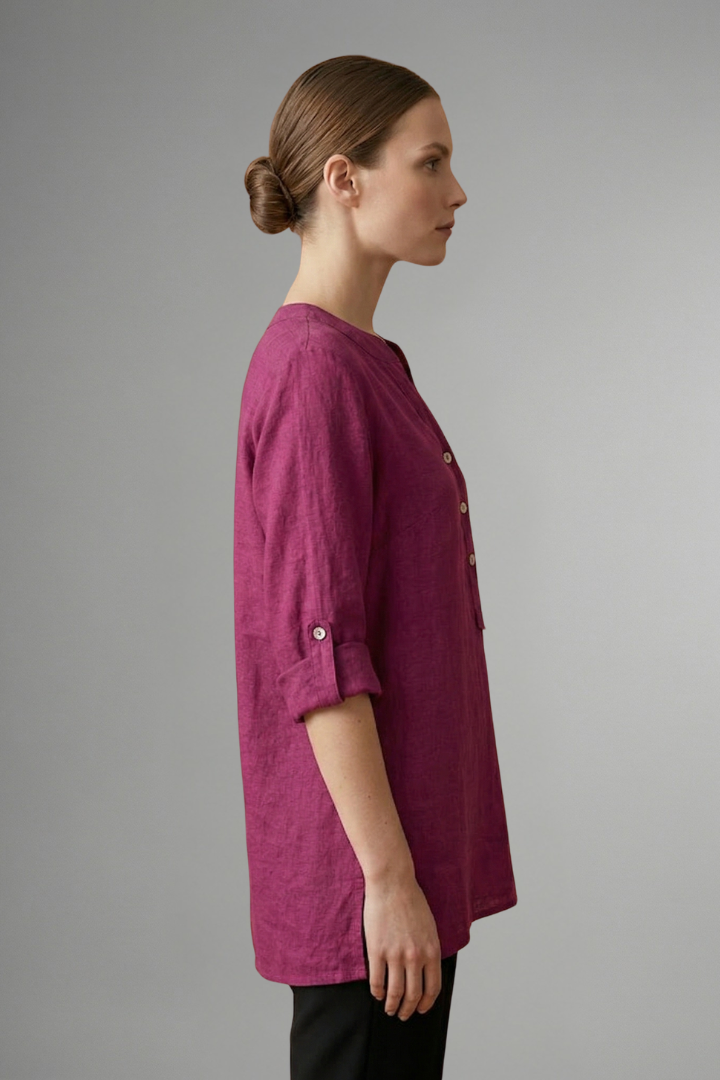 Breathable linen women's blouse, V-neck, button-up, roll sleeves. Loose fit versatile top for everyday summer style.