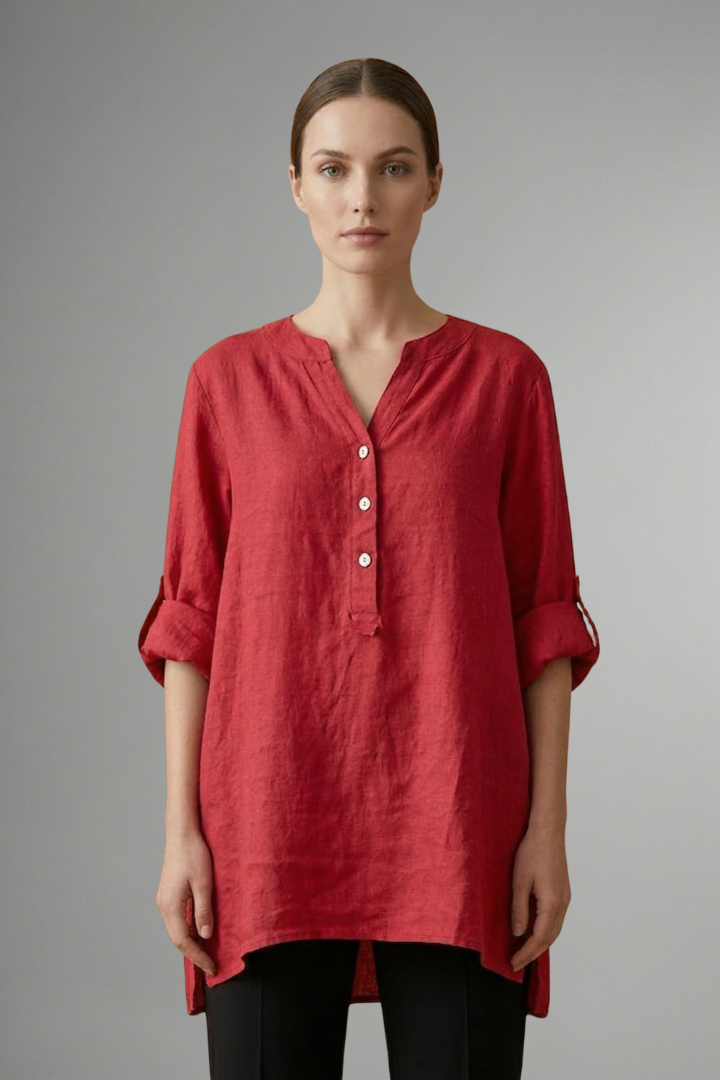 Stylish women's linen roll-sleeve blouse, V-neck, button-up. Loose fit casual top for everyday & summer fashion.