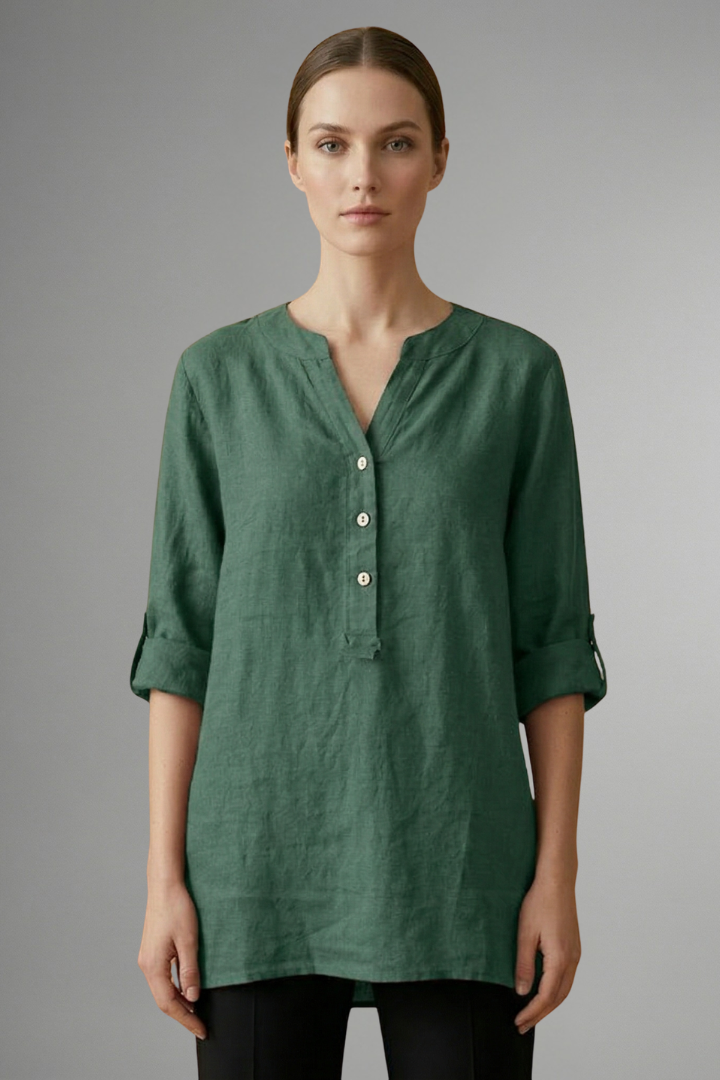 Summer fashion women's linen blouse, V-neck, button-up, roll sleeves. Casual versatile long sleeve top.