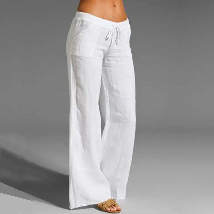 Women's comfortable loose fit linen trousers, ideal casual summer bottoms with elastic waist.