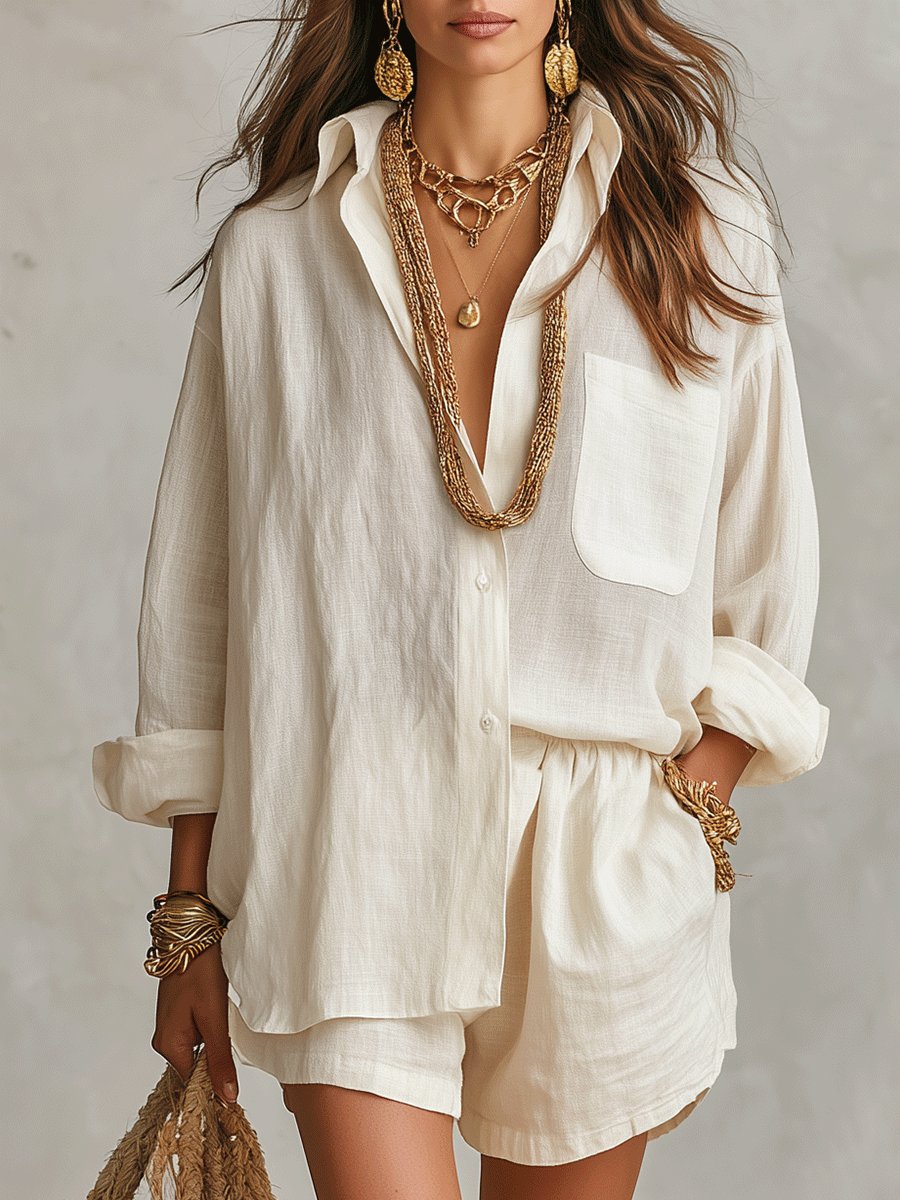 Women's linen-look casual short set with long sleeves, relaxed fit, perfect for summer vacation.