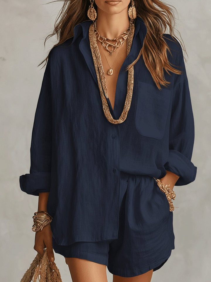 Relaxed fit women's linen-look short set, long sleeves, ideal for casual wear & vacations.