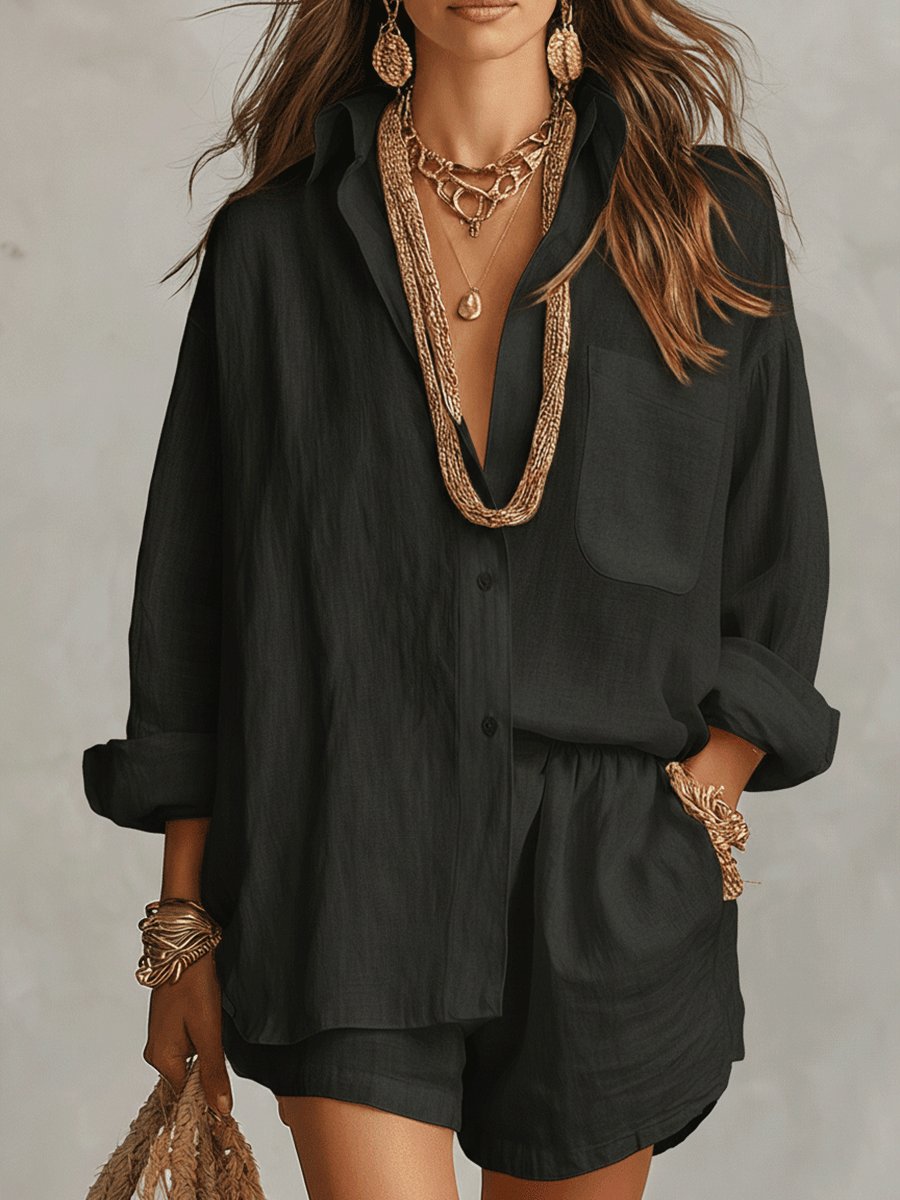 Stylish women's two-piece casual set with long sleeves & shorts, linen-look for summer comfort.