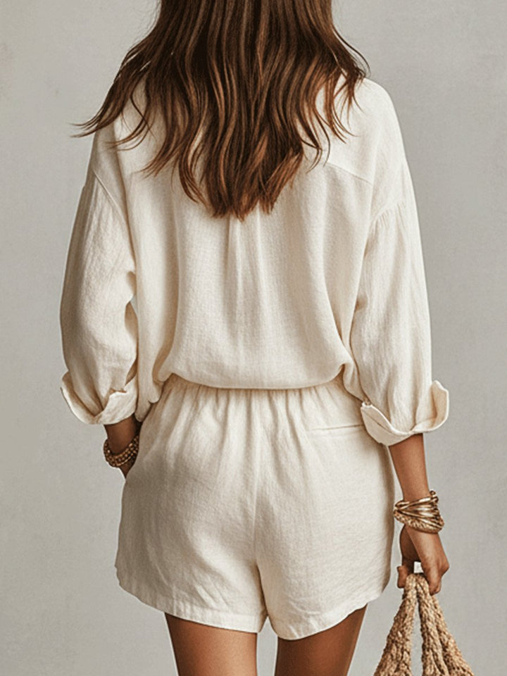 Women's two-piece summer set: long-sleeve top and shorts, relaxed linen-look for ultimate comfort.