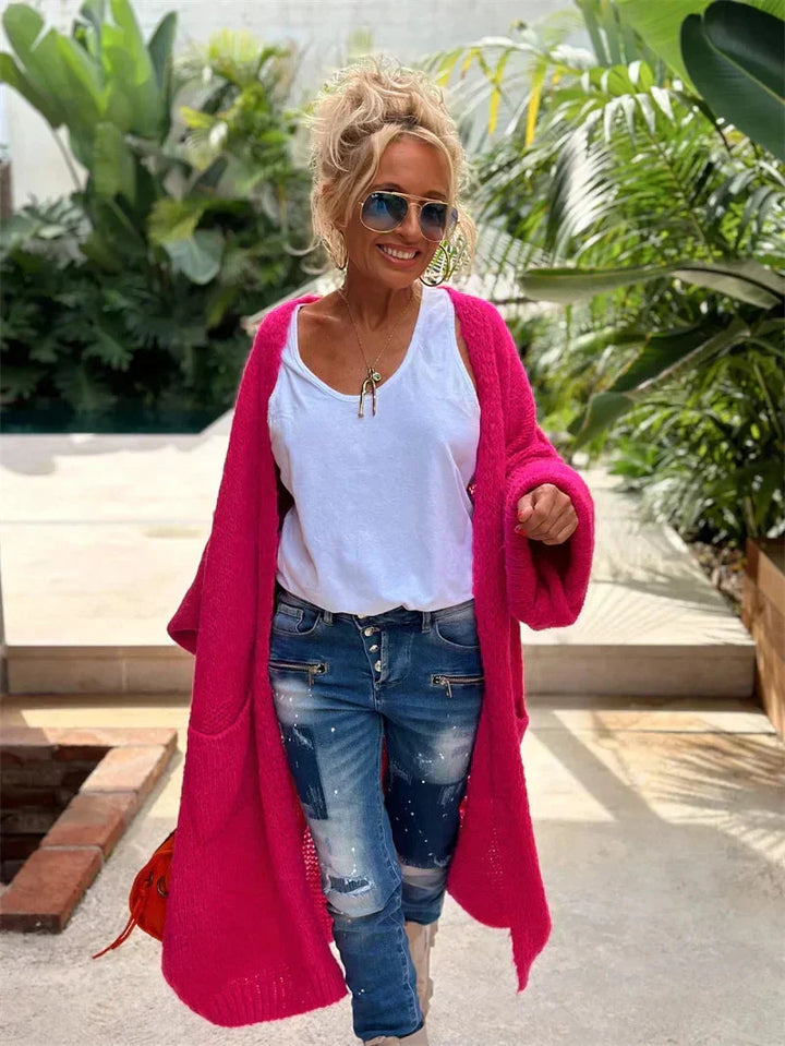 Bohemian oversized knit cardigan for women, featuring a relaxed fit & vibrant style.