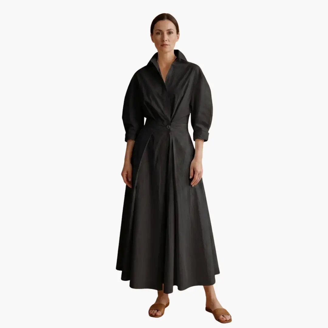 Modern women's long sleeve shirt dress. Defined waist & button front. Perfect casual spring/summer dress.