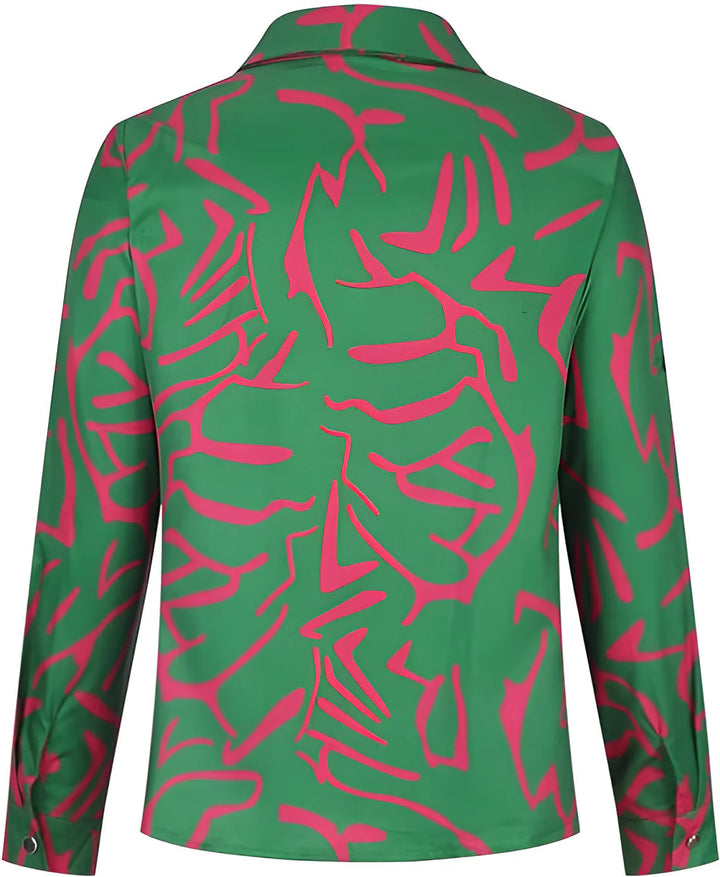 Versatile women's abstract print long sleeve button-down blouse. Chic workwear or casual fashion top.